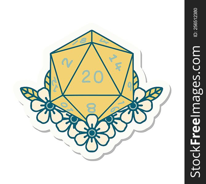 sticker of a natural 20 D20 dice roll with floral elements. sticker of a natural 20 D20 dice roll with floral elements