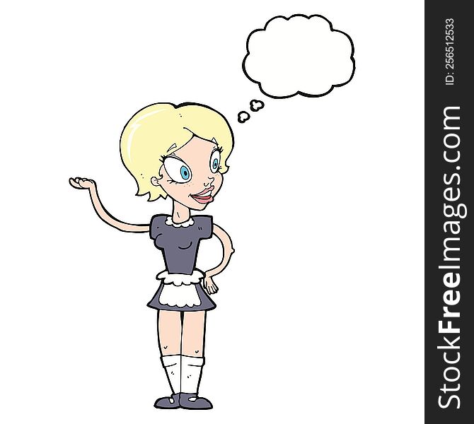cartoon woman in maid costume with thought bubble