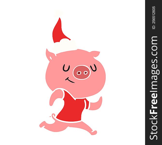 happy hand drawn flat color illustration of a pig running wearing santa hat