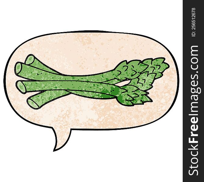 cartoon asparagus with speech bubble in retro texture style