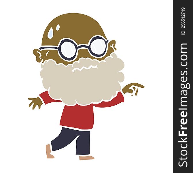 flat color style cartoon worried man with beard and spectacles pointing finger