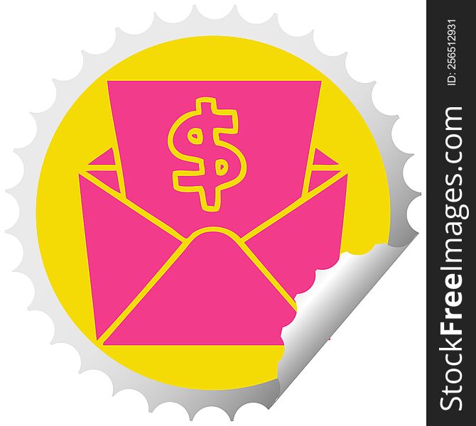 circular peeling sticker quirky cartoon dollar in envelope. circular peeling sticker quirky cartoon dollar in envelope