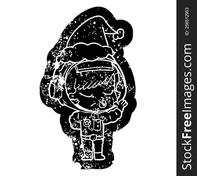 quirky cartoon distressed icon of a pretty astronaut girl wearing santa hat