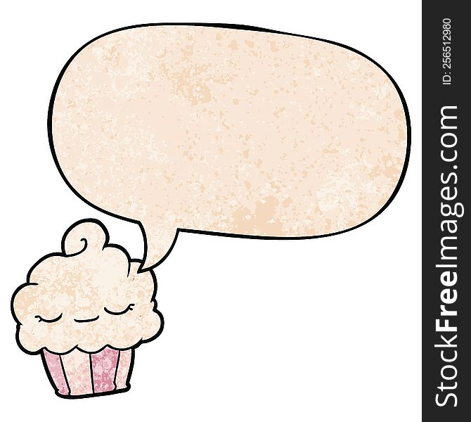 funny cartoon cupcake and speech bubble in retro texture style