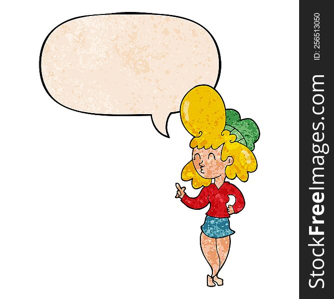 cartoon woman and big hair and speech bubble in retro texture style