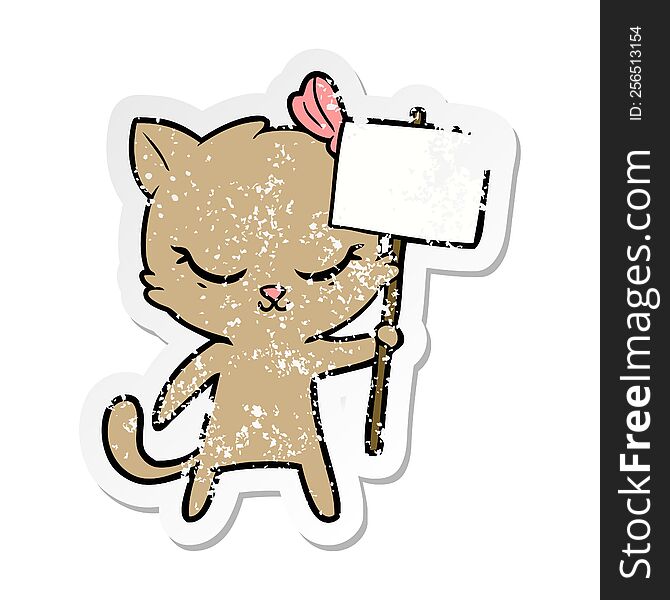 Distressed Sticker Of A Cute Cartoon Cat With Sign