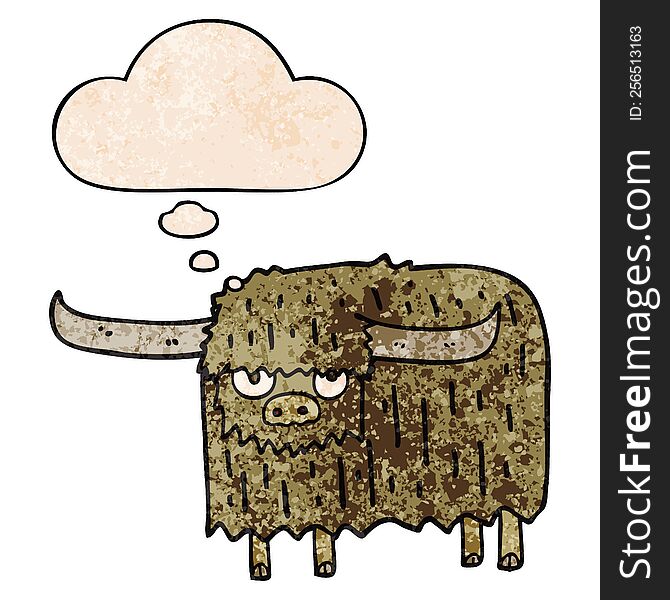 Cartoon Hairy Cow And Thought Bubble In Grunge Texture Pattern Style