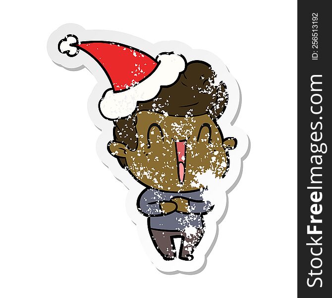 excited man hand drawn distressed sticker cartoon of a wearing santa hat. excited man hand drawn distressed sticker cartoon of a wearing santa hat