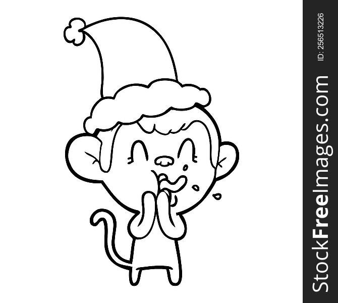 crazy hand drawn line drawing of a monkey wearing santa hat. crazy hand drawn line drawing of a monkey wearing santa hat