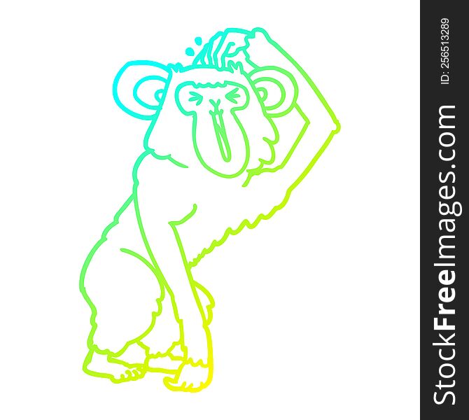 cold gradient line drawing of a cartoon chimp scratching head