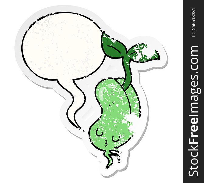 cartoon sprouting bean with speech bubble distressed distressed old sticker. cartoon sprouting bean with speech bubble distressed distressed old sticker