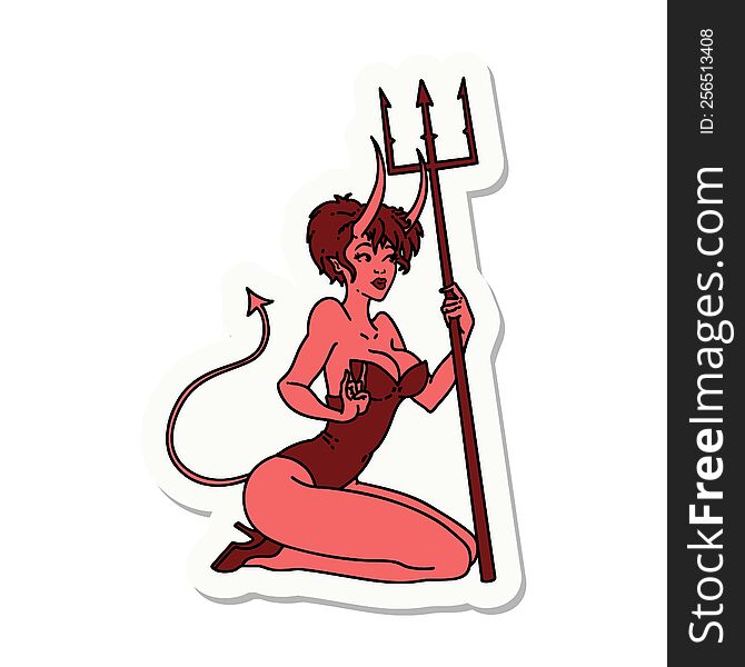 sticker of tattoo in traditional style of a pinup devil girl. sticker of tattoo in traditional style of a pinup devil girl