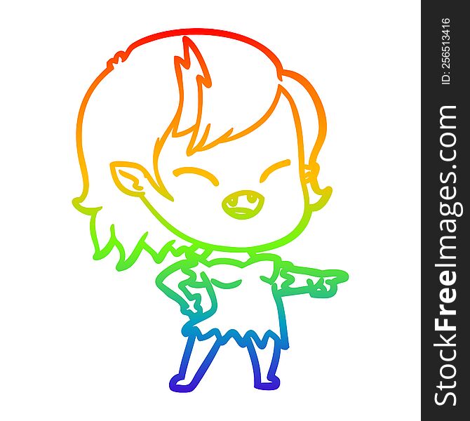 Rainbow Gradient Line Drawing Cartoon Vampire Girl Pointing And Laughing