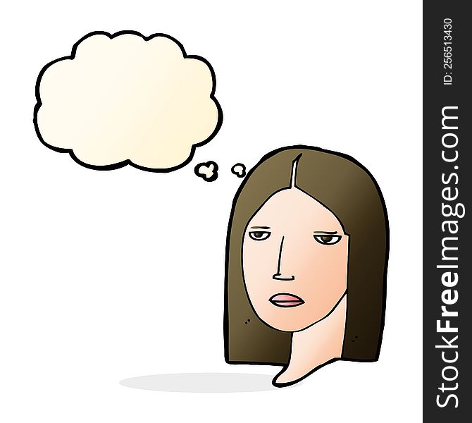 cartoon serious woman with thought bubble