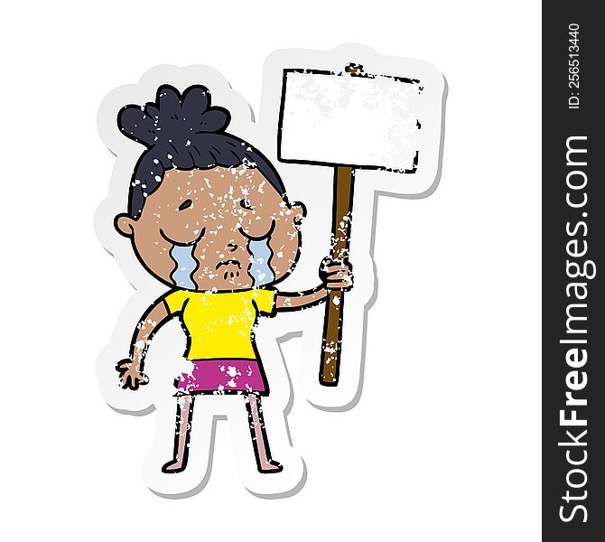 distressed sticker of a cartoon crying woman with protest sign