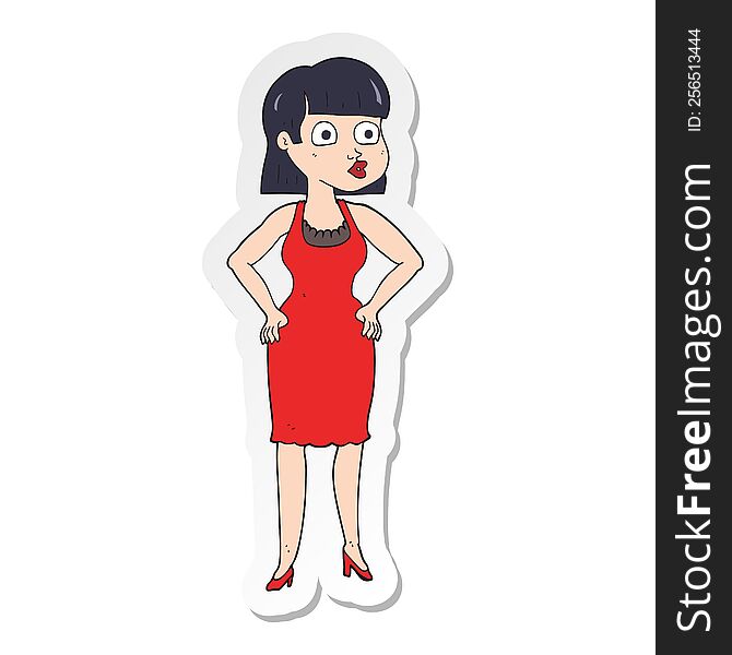 sticker of a cartoon woman in dress with hands on hips