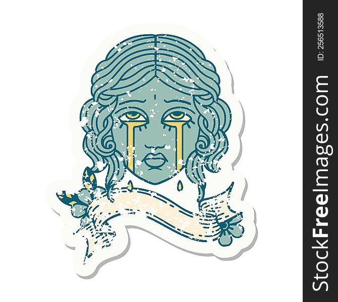 Grunge Sticker With Banner Of Female Face Crying