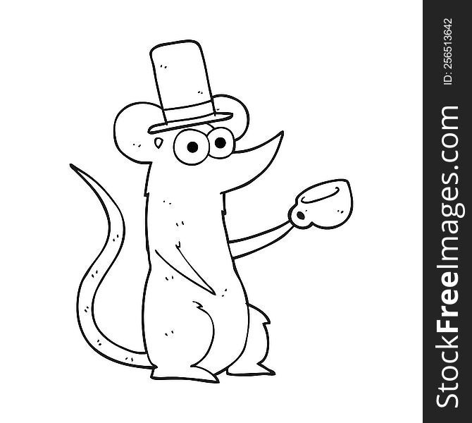 freehand drawn black and white cartoon mouse with cup and top hat