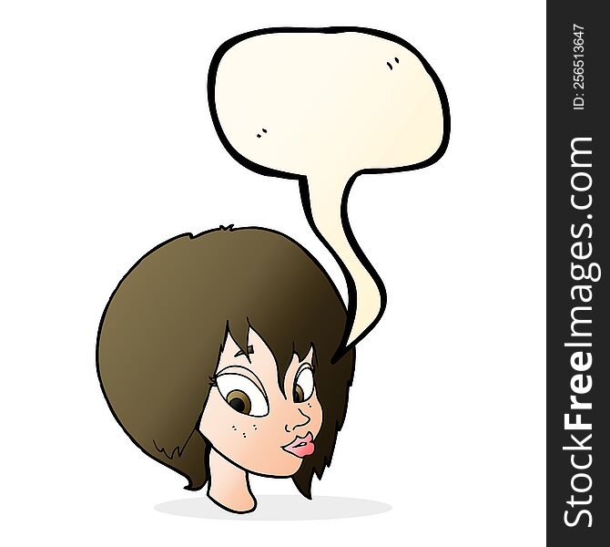 Cartoon Pretty Female Face Pouting With Speech Bubble