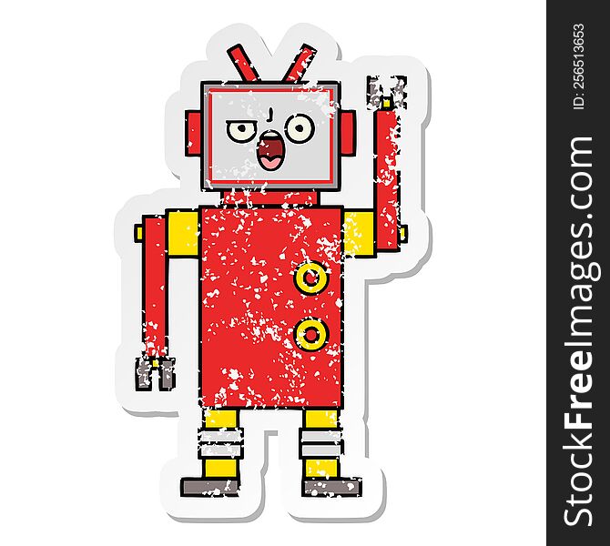 Distressed Sticker Of A Cute Cartoon Angry Robot