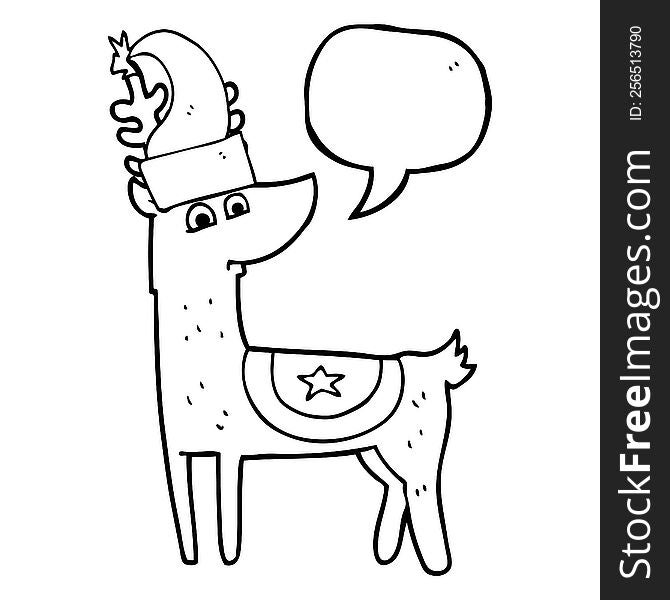 freehand drawn speech bubble cartoon reindeer wearing christmas hat