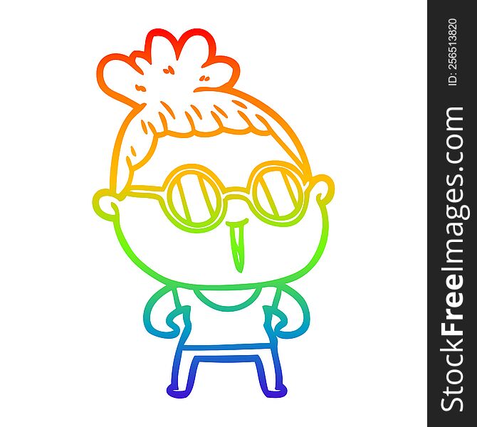 rainbow gradient line drawing of a cartoon tough woman wearing spectacles