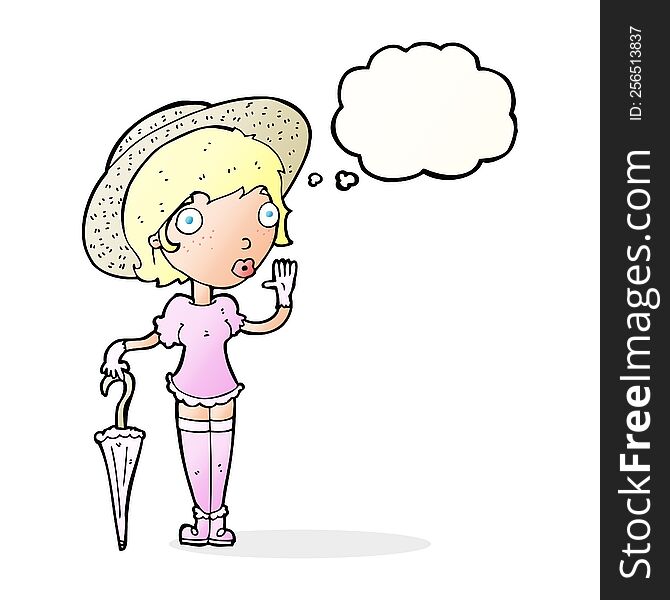 cartoon woman in summer hat waving with thought bubble