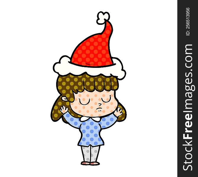 hand drawn comic book style illustration of a indifferent woman wearing santa hat