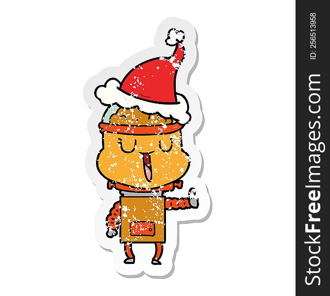 Happy Distressed Sticker Cartoon Of A Robot Wearing Santa Hat
