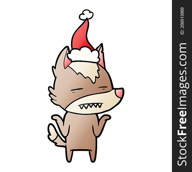 hand drawn gradient cartoon of a wolf showing teeth wearing santa hat