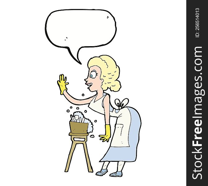cartoon housewife washing up with speech bubble