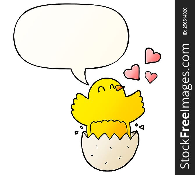 Cute Hatching Chick Cartoon And Speech Bubble In Smooth Gradient Style