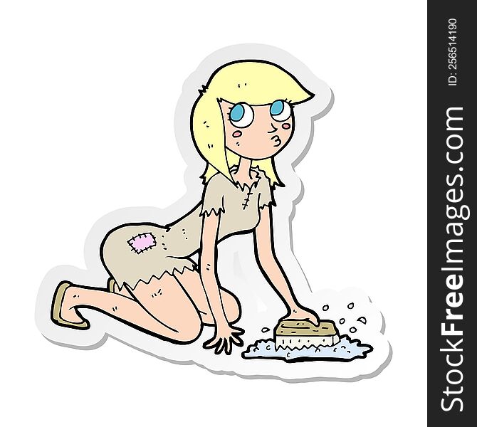 sticker of a cartoon cinderella scrubbing floors
