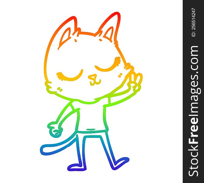 Rainbow Gradient Line Drawing Calm Cartoon Cat Giving Peace Sign