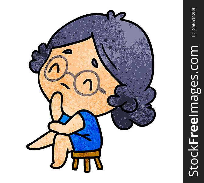 textured cartoon illustration of a cute kawaii lady. textured cartoon illustration of a cute kawaii lady