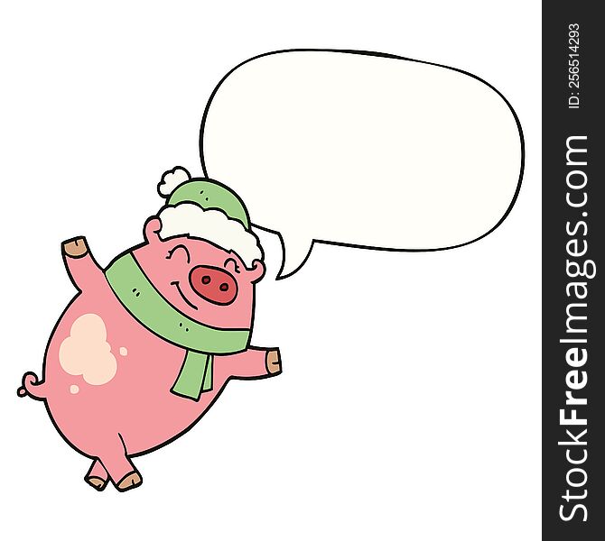 Cartoon Pig Wearing Christmas Hat And Speech Bubble
