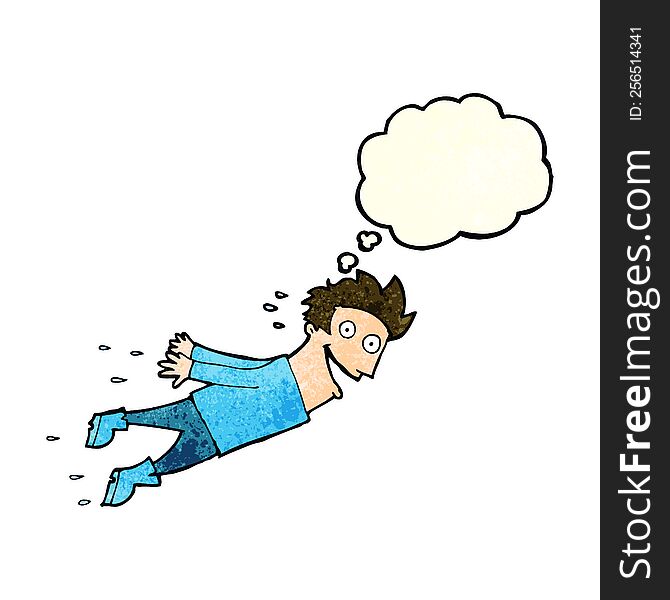 cartoon drenched man flying with thought bubble