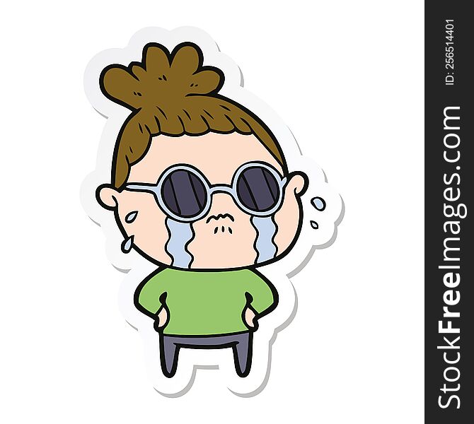 Sticker Of A Cartoon Crying Woman Wearing Sunglasses