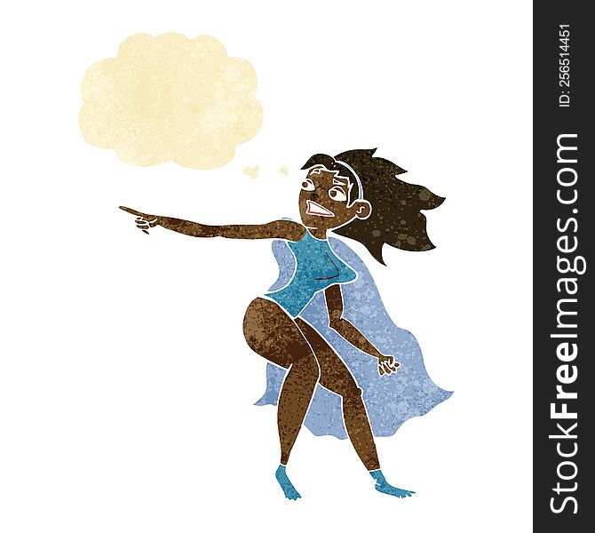 cartoon superhero woman pointing with thought bubble