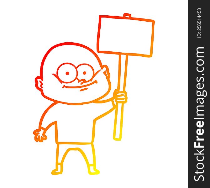 warm gradient line drawing of a cartoon bald man staring with sign