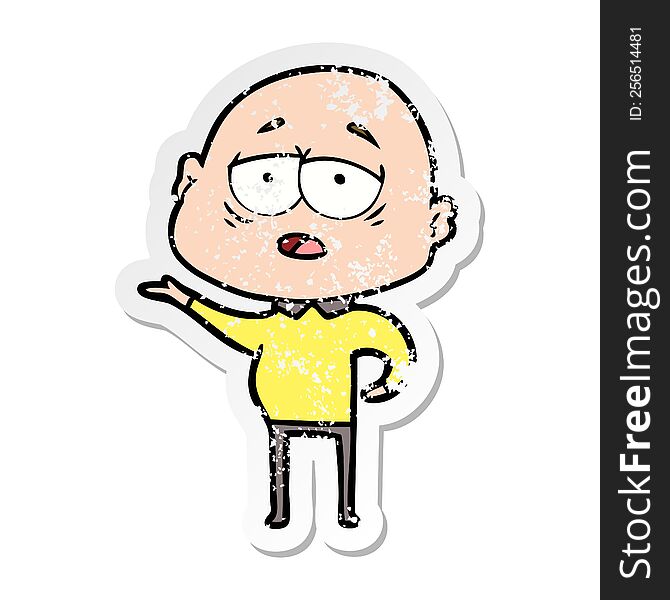 distressed sticker of a cartoon tired bald man