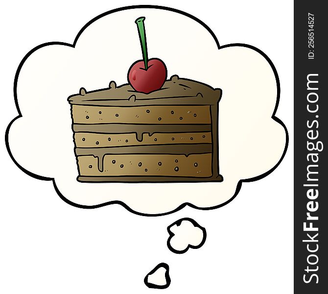 cartoon chocolate cake with thought bubble in smooth gradient style