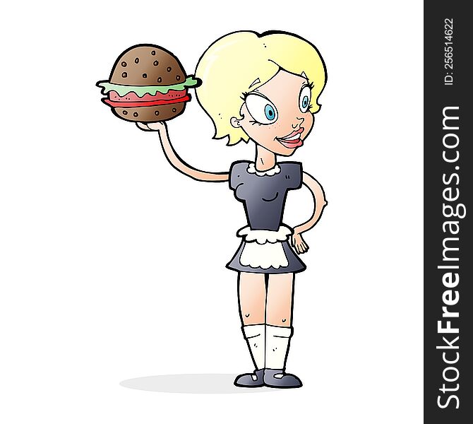 cartoon waitress serving burger. cartoon waitress serving burger