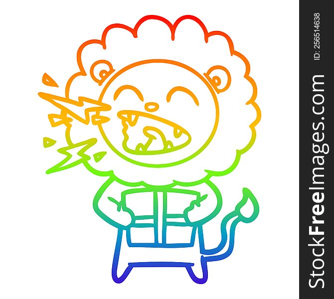 Rainbow Gradient Line Drawing Cartoon Roaring Lion With Gift