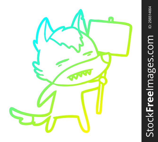 Cold Gradient Line Drawing Cartoon Wolf With Sign Post Showing Teeth