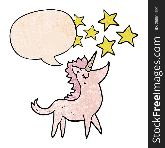 Cartoon Unicorn And Speech Bubble In Retro Texture Style