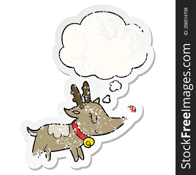 Cartoon Christmas Reindeer And Thought Bubble As A Distressed Worn Sticker
