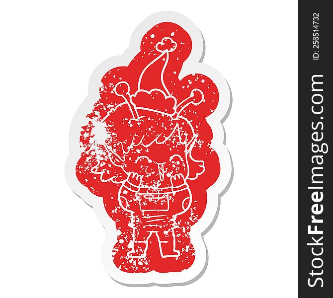 quirky cartoon distressed sticker of a alien girl giggling wearing santa hat