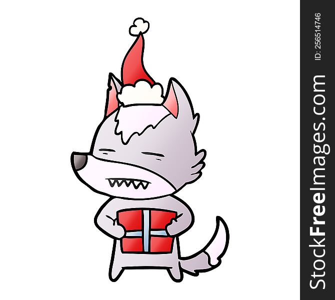hand drawn gradient cartoon of a wolf with a gift wearing santa hat