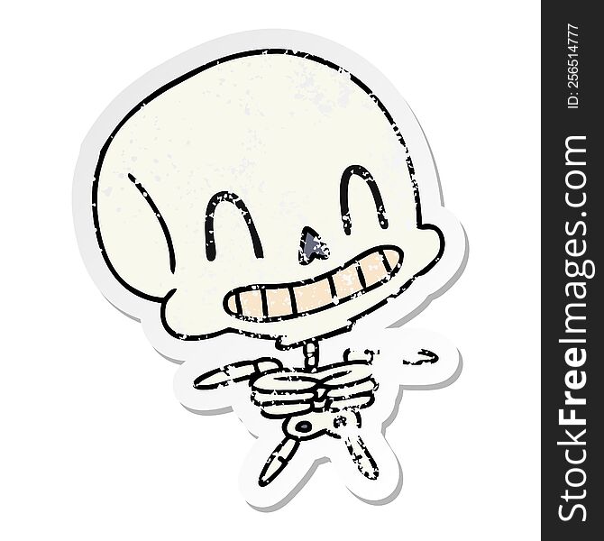 freehand drawn distressed sticker cartoon of spooky kawaii skeleton